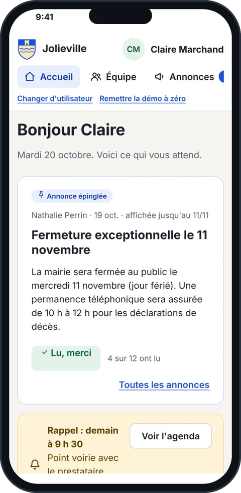 Écran d'accueil de l'application : une annonce épinglée et le rappel de la prochaine réunion.