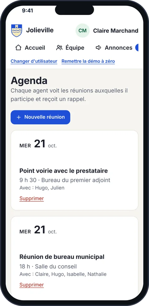 Agenda des réunions avec rappels.